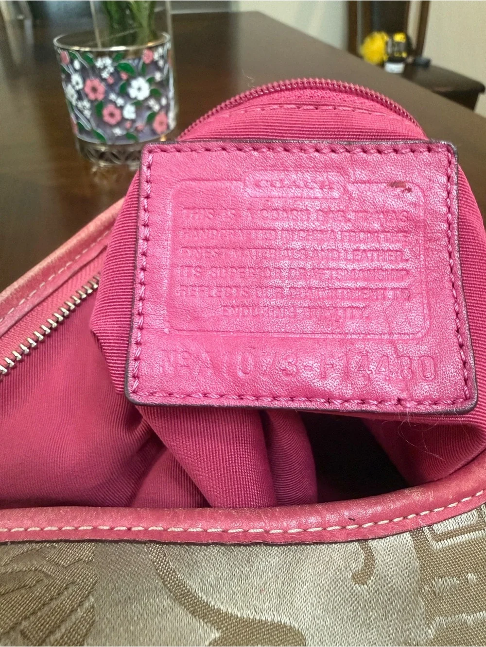 Coach Taupe Jacquard Hobo with Pink Trim